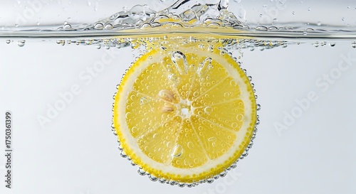 Refreshing lemon slice suspended in sparkling water with effervescent bubbles