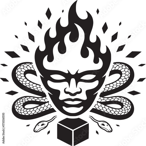 Bold graphic art of a flaming mask with entwined snakes for edgy and powerful designs today