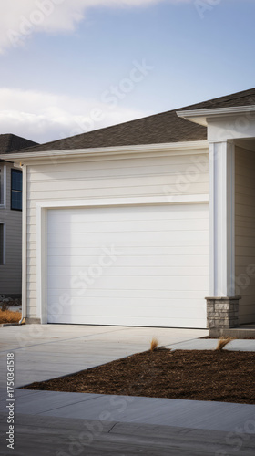 The white garage door stands closed in a neat driveway beside a light-colored house. The clear sky adds brightness to the suburban setting during daytime