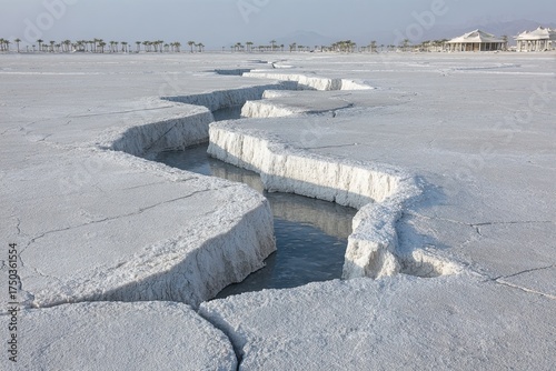 Cracked, white landscape with a water channel; structures afar