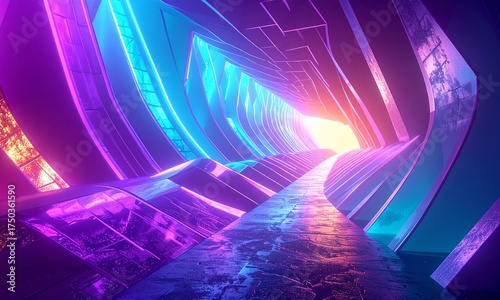 Bright Futuristic Tunnel with Glowing Curves and Colorful Neon Lights
