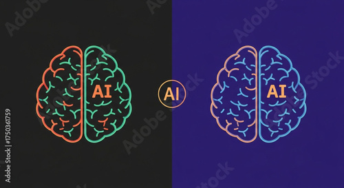 Artificial intelligence brain concept with colorful outline on dark and blue background, representing advanced technology