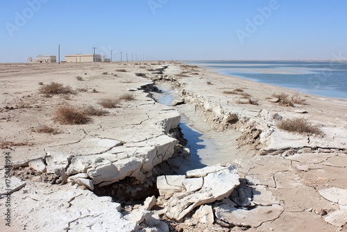 Cracked earth forms gully beside desert lake in arid landscape