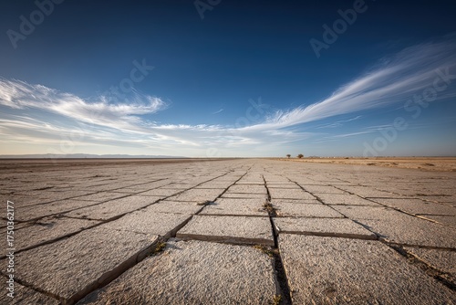Cracked, dry desert floor with distant horizon under a blue sky