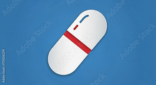 A white pill with a red stripe and a blue mark on a blue background, symbolizing medicine and healthcare