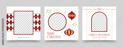Luxury Christmas Social Media Post Templates with Photo Frames and Gold Red Ornaments – Elegant Holiday Square Banners