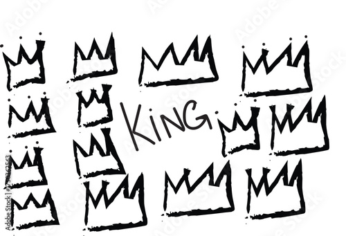 Urban graffiti illustration featuring multiple hand-drawn crowns and the word King. A black and white vector sketch representing royalty and power
