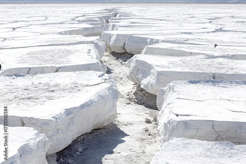 Cracked white earth stretches, forming geometric shapes