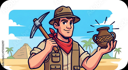 Cartoon archaeologist, holding a pickaxe and ancient vase, ready to uncover historical secrets