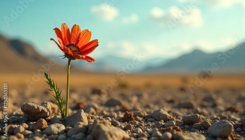 Wilting Flower in Desolate Landscape A Symbol of Loneliness and Exhaustion under Harsh Sunlight