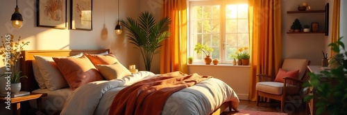 Cozy Morning Sunlight Streams into Inviting Bedroom with Plush Bed and Reading Nook