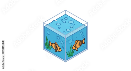 Isometric illustration of a fish tank with two orange fish and green algae