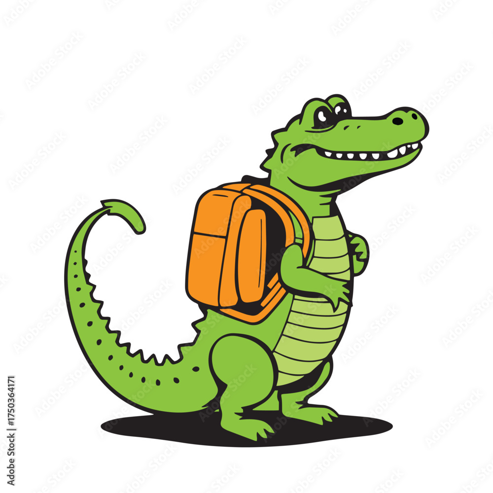 Naklejka premium Vector art of cute cartoon alligator with a backpack illustration.