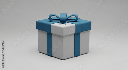 A 3d rendering of a white gift box with a blue ribbon and bow, perfect for any occasion