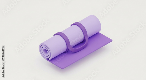 Rolled up purple yoga mat with strap, a fitness equipment for exercise and meditation