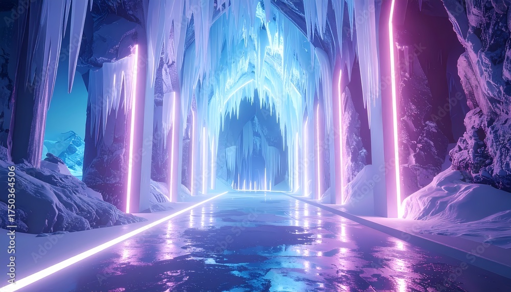 Obraz premium Enchanting Ice Cave with Neon Lights and Frozen Pathways.