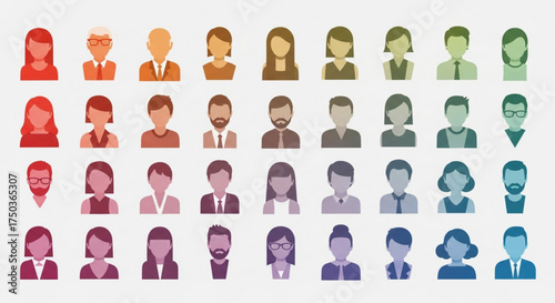 Diverse group of people icons representing various professions and demographics in a flat vector style design