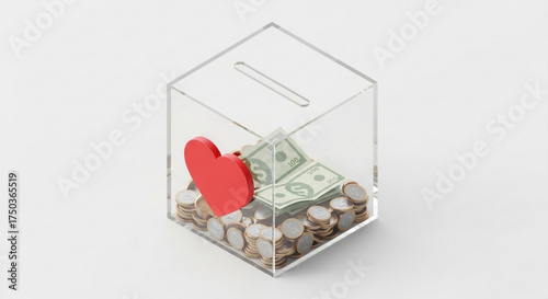 Donation box with money and heart, symbolizing charity, generosity, and support for those in need