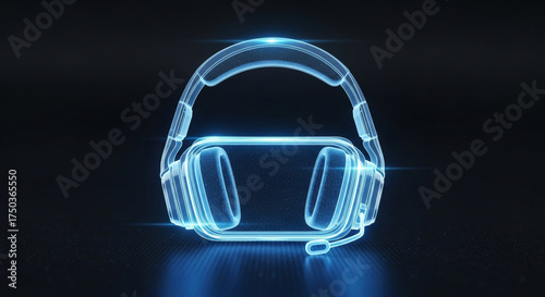 Futuristic glowing headset with microphone on dark background, a modern design for gaming and communication technology