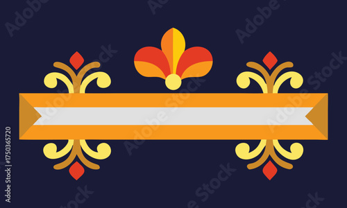 Decorative ornate golden banner with floral embellishments and a central white ribbon for text on a dark blue background