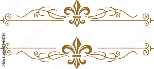 Elegant ornate golden decorative flourish with fleur de lis accents on a white background for classic design elements