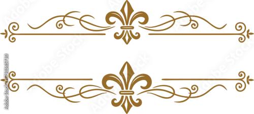 Obraz Elegant ornate golden decorative flourish with fleur de lis accents on a white background for classic design elements