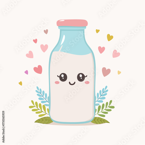 Cute Milk Bottle with Hearts and Leaves Illustration.