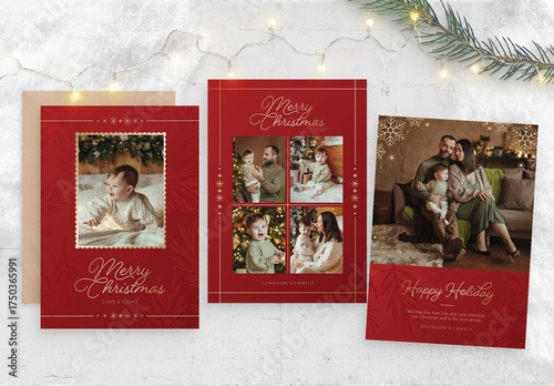 Christmas Family Greetings Card Template & Luxury Holiday Photo Card Flyer in Festive Red & Gold Hues