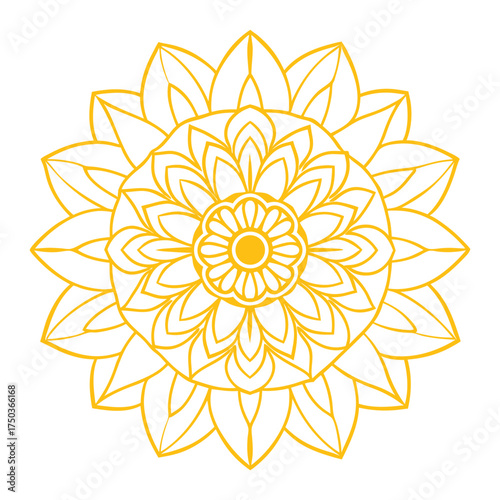 Intricate golden mandala design with radial symmetry and floral petal patterns on a white background symbolizing harmony and spirituality