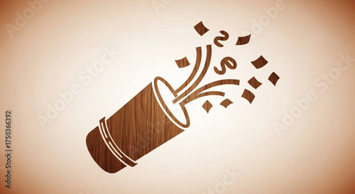 Wooden party popper with confetti exploding out, a fun and festive celebration