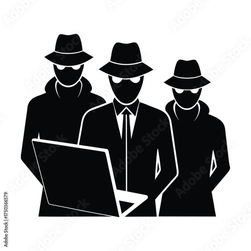 Cybercrime Investigation Team Tracing Online Fraud Vector Silhouette On White Background  