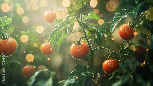 A tomato plant with floating fruits surrounded