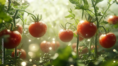 A tomato plant with floating fruits surrounded