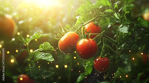 A tomato plant with floating fruits surrounded