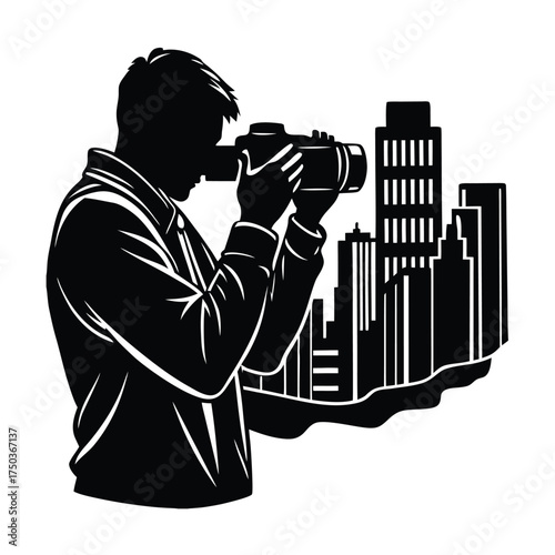 Freelance Photographer Capturing Urban Lifestyle Vector Silhouette On White Background  