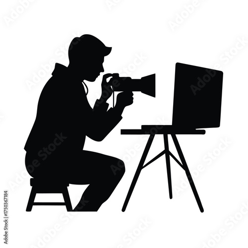 Freelance Photographer Editing Photos For Online Portfolio Vector Silhouette On White Background  