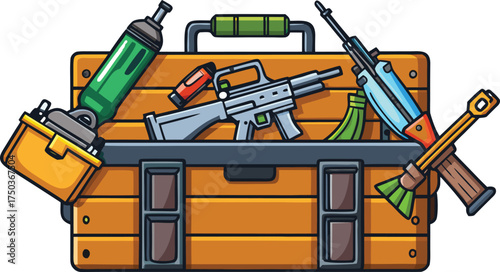 Wooden crate filled with firearms and tools rifles green bottle