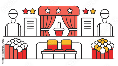 Theater stage with seats and audience icons curtains