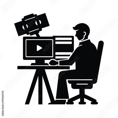 Freelancer Video Editor Working With Creative Footage Vector Silhouette On White Background  