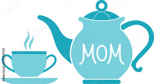 Teapot and teacup with the word mom on the teapot