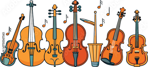 Various string instruments with musical notes violin cello