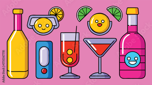Yellow pink drinks with citrus slices and smiling faces bottles glasses