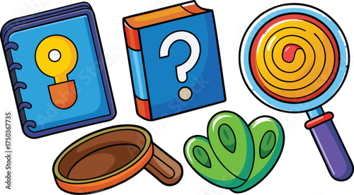 Blue notebook question mark book lollipop magnifying glass brown bowl green leaves vector