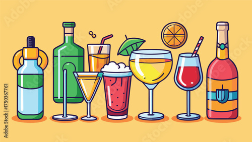 Collection of colorful alcoholic and nonalcoholic beverages with garnishes drinks cocktails