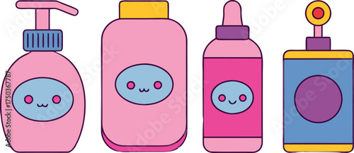 Kawaii lotion bottles and dispensers with cute faces vector