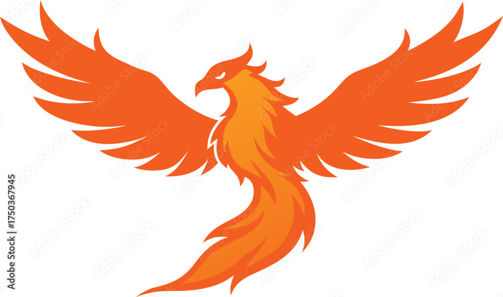 Fototapeta premium Fiery orange phoenix bird rising with wings spread wide