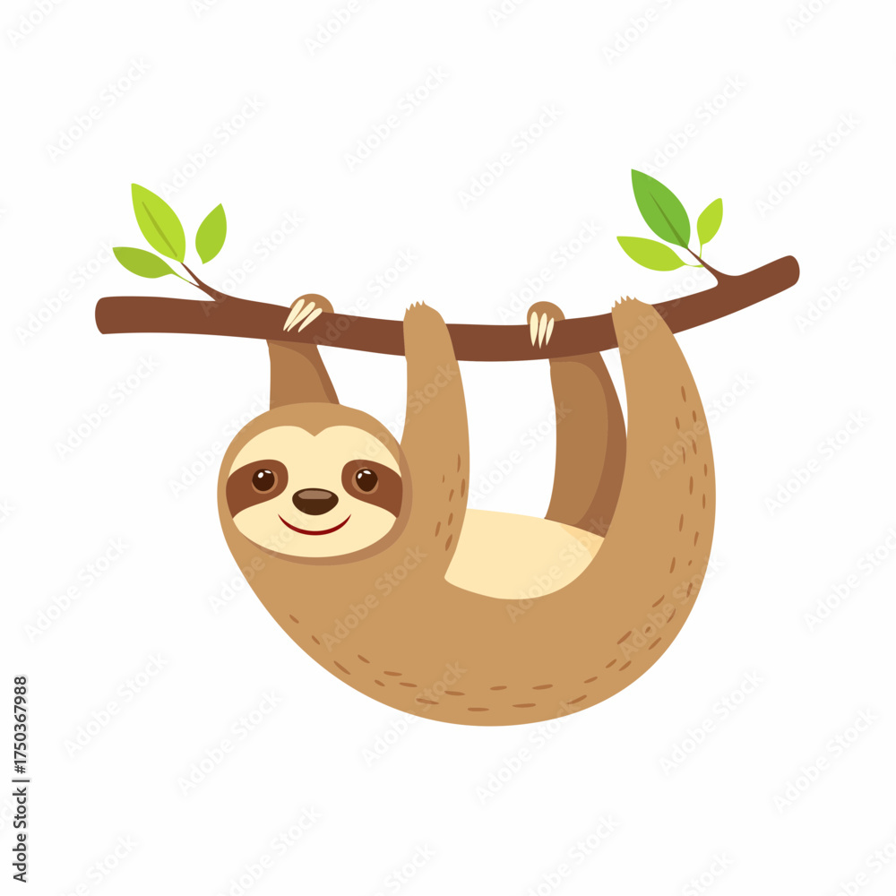 Obraz premium Cute sloth hanging on a tree branch with green leaves 1.