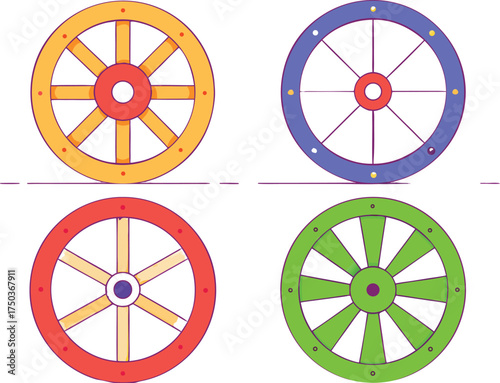 Colorful ancient wheels with spokes and rims cart wagon