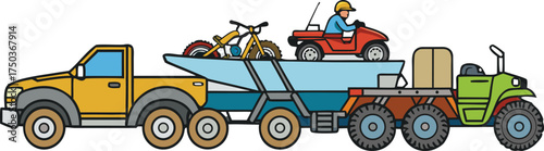 Yellow truck towing boat with dirt bike and A T V trailer