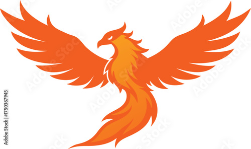 Fiery orange phoenix bird rising with wings spread wide